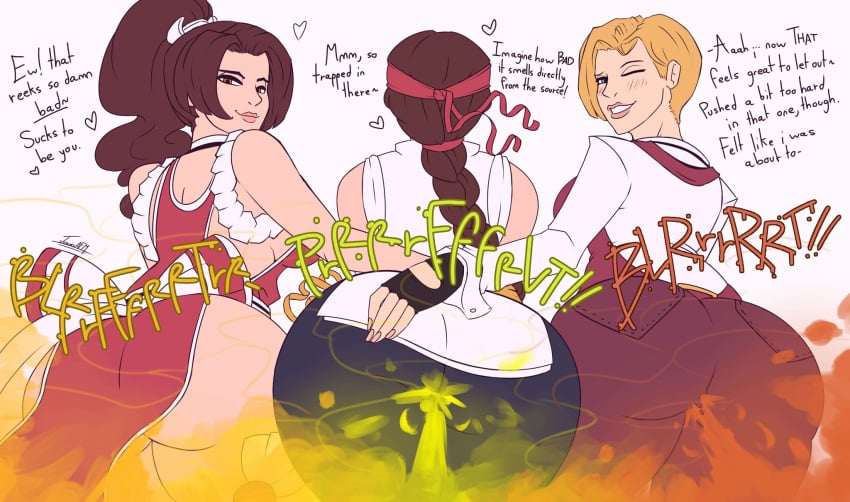 3girls brap enjoying_farting fart fart_cloud fart_fetish farting huge_ass juanesafm_(artist) king_(snk) king_of_fighters mai_shiranui multiple_girls smelly smelly_ass stinky tagme yuri_sakazaki