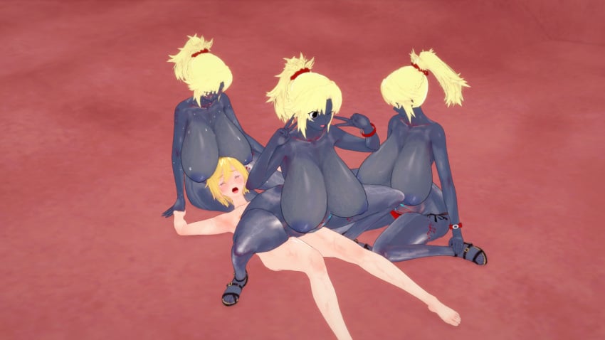 1boy 3girls alternate_breast_size blackoin blonde_hair closed_eyes completely_nude completely_nude_male double_v fate/grand_order fate_(series) female femdom fffm_foursome green_eyes grey-skinned_female grey_body grey_skin held_down large_breasts light-skinned_male light_skin male mordred_(fate) multiple_girls open_mouth open_toe_shoes penis queen_of_hearts reverse_cowgirl_position reverse_rape sandals squatting squatting_reverse_cowgirl_position straddling