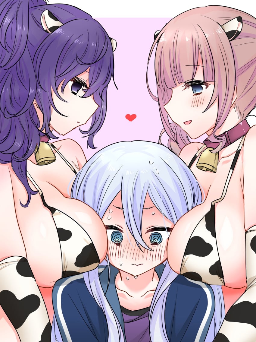 3girls asahina_mafuyu blue_eyes blue_hair blushing boobs_on_head brown_hair busty busty_female busty_teen cow cow_ears cow_girl cow_horns flushed flushed_face flustered lesbian lesbian_domination lesbian_sex mochizuki_honami multiple_girls project_sekai purple_eyes purple_hair yoisaki_kanade