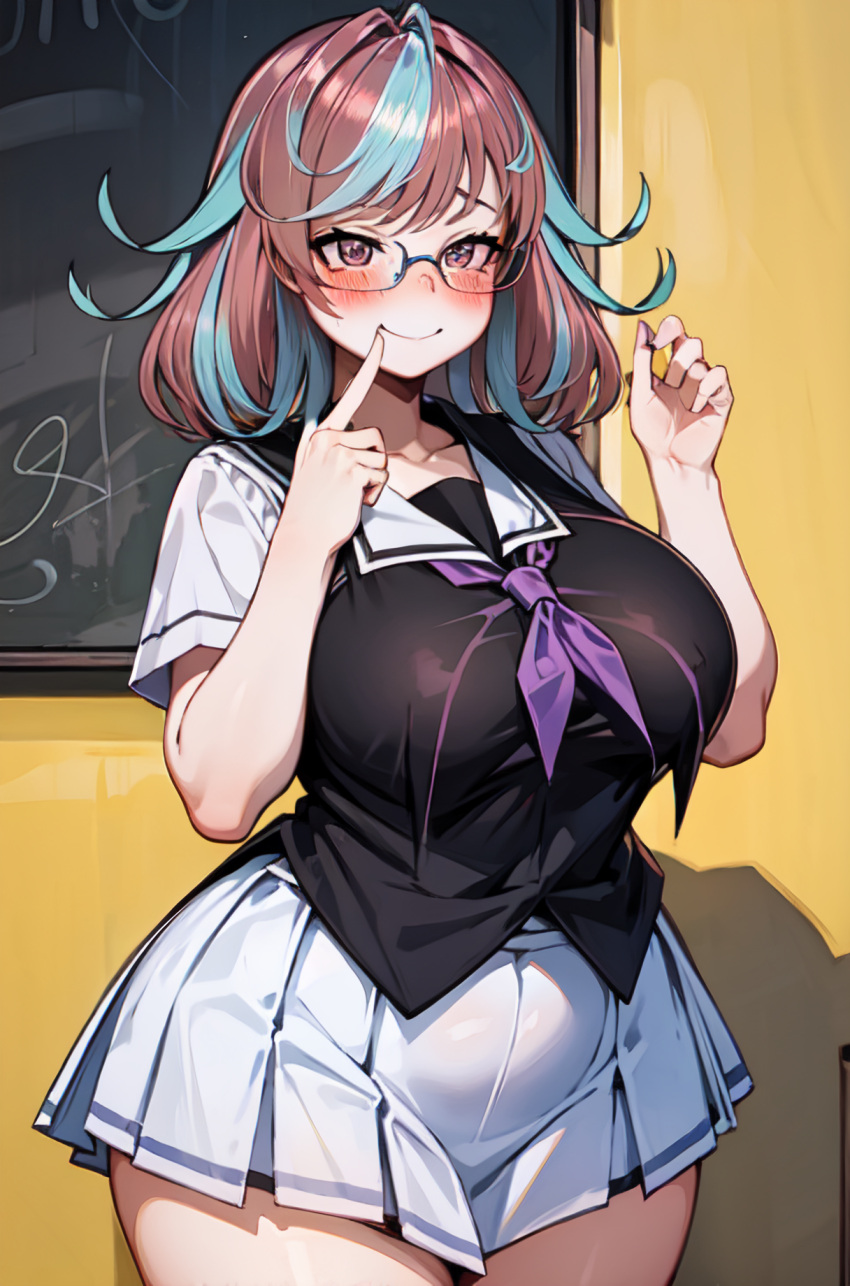 ai_generated blush emikukis huge_breasts multicolored_hair ricochetk school_uniform smile sweat virtual_youtuber vtuber wide_hips