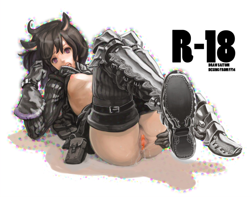 anus armor black_hair boots censored final_fantasy final_fantasy_xiv gloves highres open_mouth pointless_censoring pubic_hair pussy pussy_juice saitom thigh_strap thighhighs