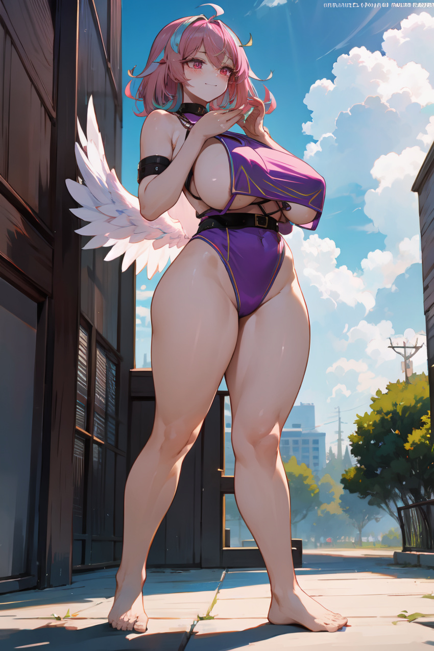 ai_generated angel barefoot blush emikukis huge_breasts jewelry multicolored_hair ricochetk smile sweat virtual_youtuber vtuber wide_hips wings