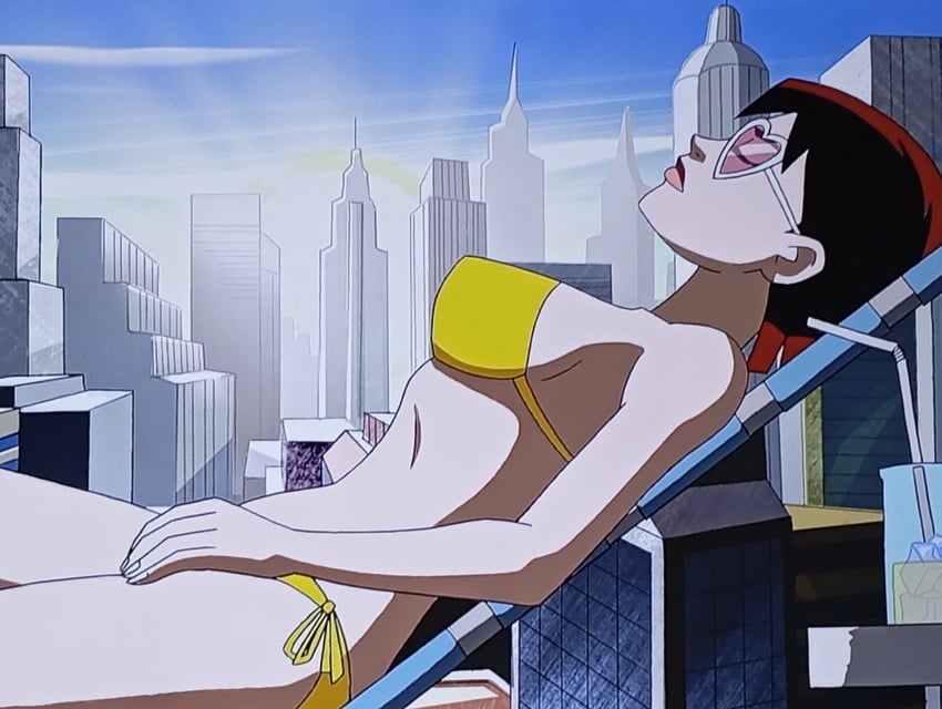 1girls avengers big_breasts bikini closed_eyes female female_only from_side hi_res janet_van_dyne lying lying_on_back marvel marvel_comics pink-tinted_eyewear screencap short_hair sideboob solo sunbathing sunglasses the_avengers:_earth's_mightiest_heroes thighs tinted_eyewear wasp_(earth's_mightiest_heroes) wasp_(marvel) yellow_bikini