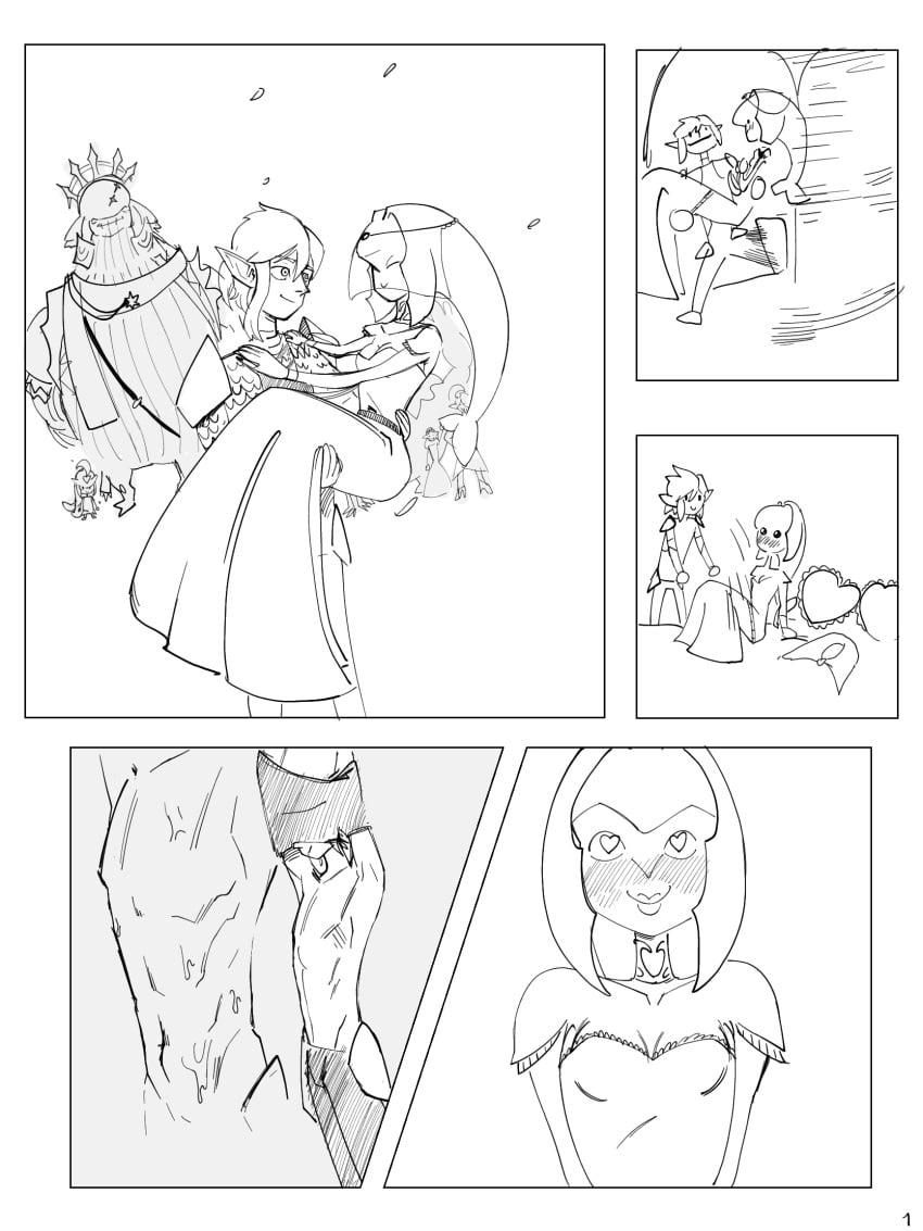 breath_of_the_wild comic comic_page daruk dorephan hyrule_warriors:_age_of_calamity link link_(breath_of_the_wild) link_(tears_of_the_kingdom) mipha monochrome page_1 princess sidon_(zelda) small_breasts the_legend_of_zelda u/hugo_espectro1- undressing wedding wedding_dress wedding_night wedding_veil