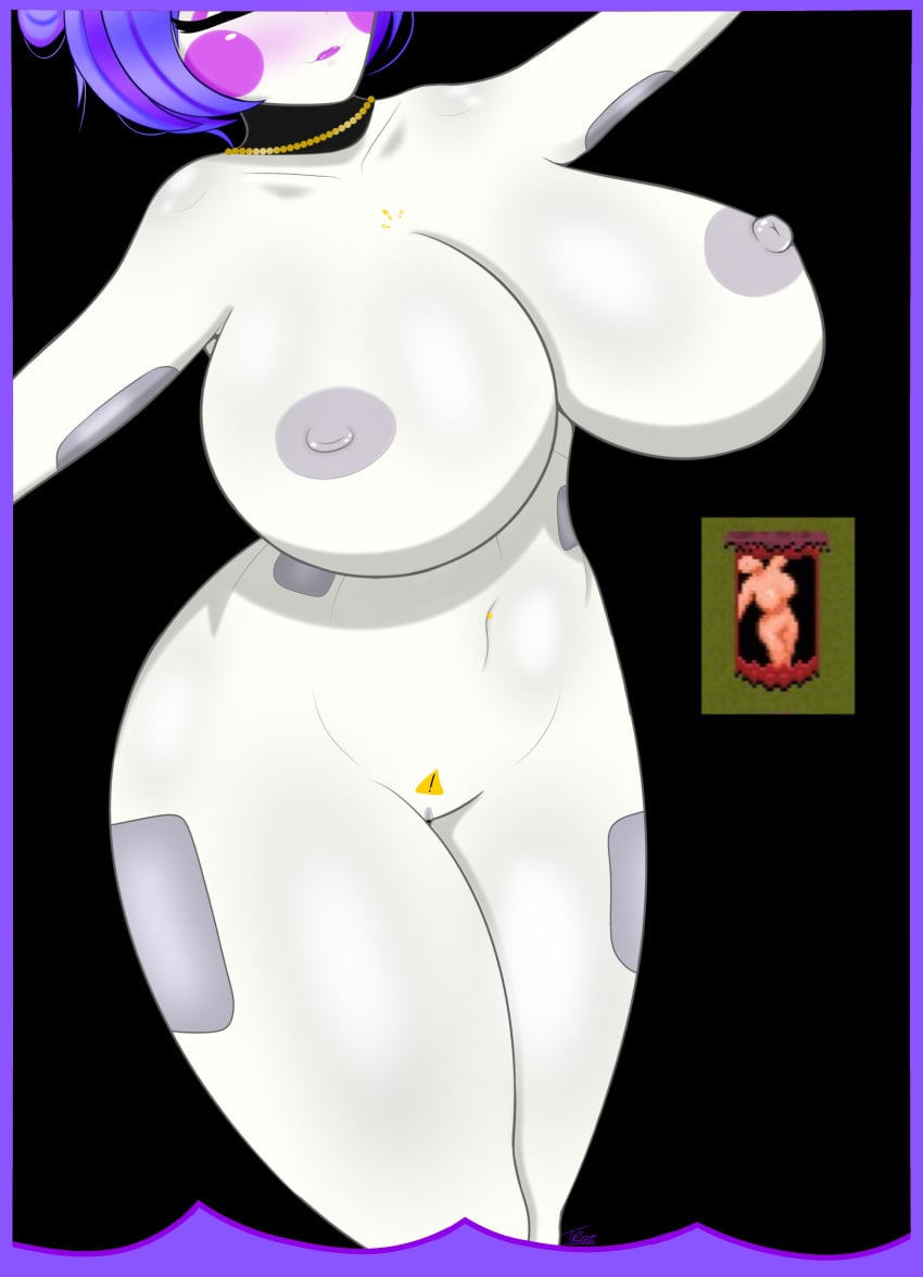 4k ballora ballora_(fnafsl) blush busty closed_eyes eyeshadow five_nights_at_freddy's five_nights_at_freddy's:_sister_location five_nights_in_anime gothtrishy hi_res highres huge_breasts lipstick milf necklace reference_image robot robot_girl robot_humanoid shiny shiny_breasts shiny_skin short_hair solo thick thick_ass thick_thighs thighs