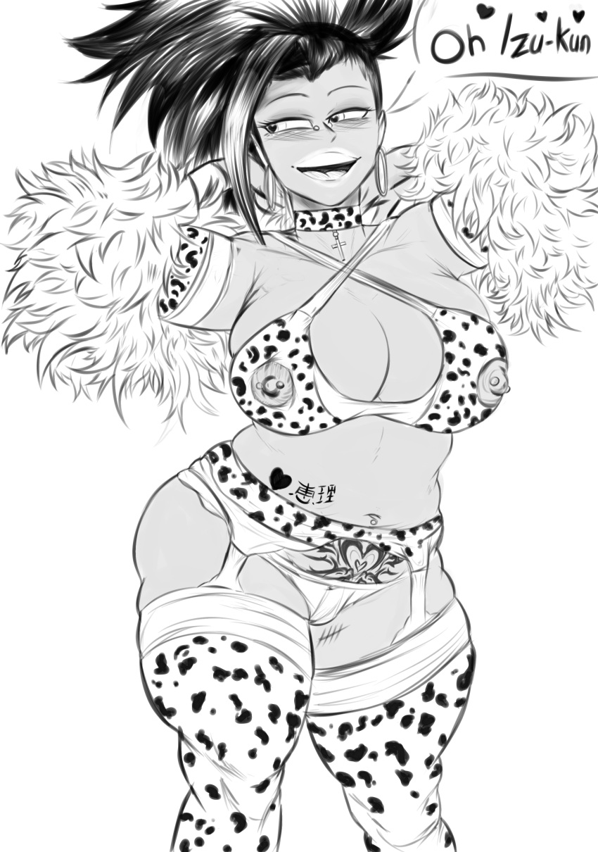 belly_button_piercing choker cross_necklace early_pregnancy fur_trim garter_straps gigantic_breasts gyaru hoop_earrings leanna_synth_(artist) leopard_print momo_yaoyorozu my_hero_academia nipple_piercing nippleless_bra piercing pubic_tattoo septum_piercing smug synthleanna tally_marks tan_skin