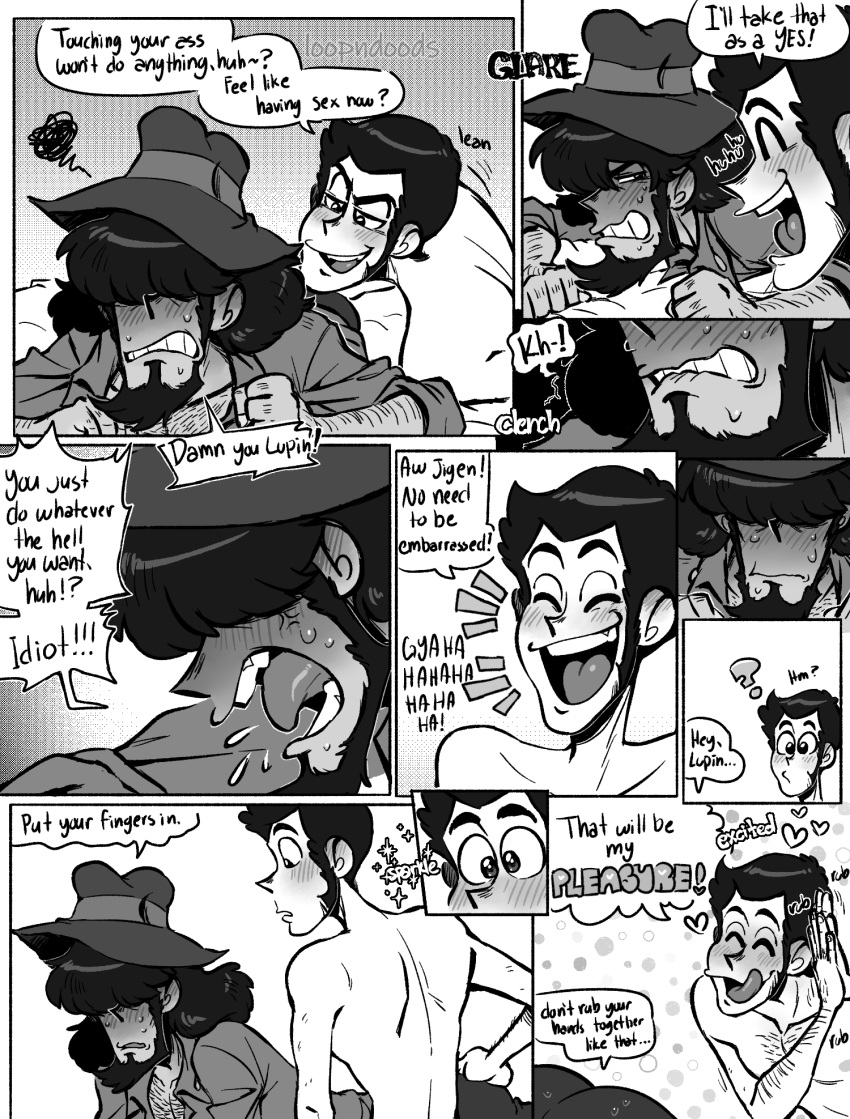 2boys arsene_lupin_iii bara beard blush clothing comic daisuke_jigen dialogue english_text gay loopndoods lupin_iii male male/male male_only muscular_male text yaoi