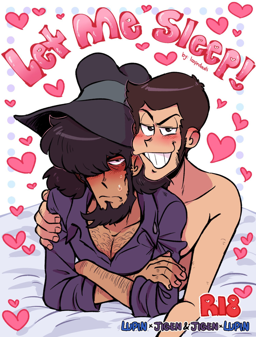 2boys arsene_lupin_iii bara beard blush clothing comic daisuke_jigen dialogue english_text gay hairy_chest looking_at_viewer loopndoods lupin_iii male male/male male_only muscular_male text yaoi