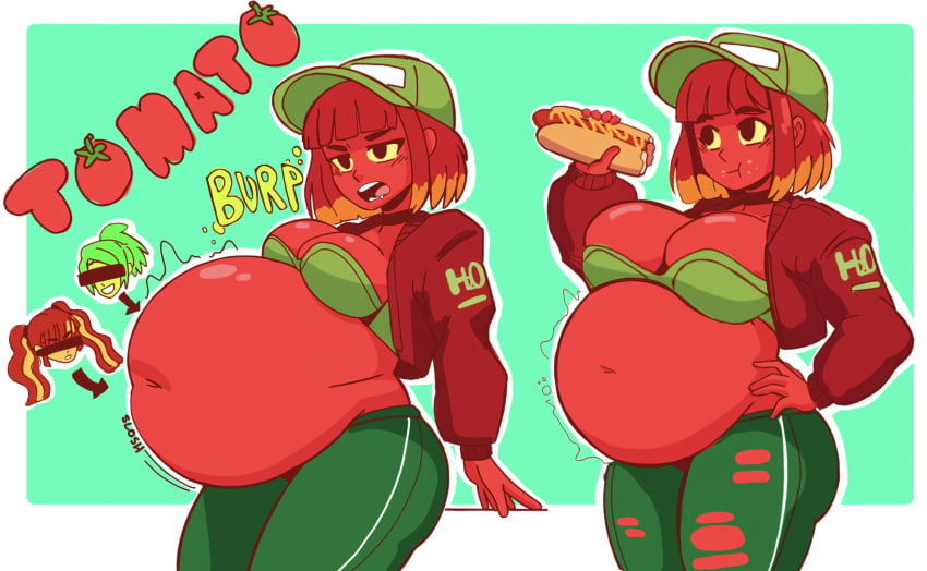 3girls after_vore bbw big_belly big_breasts breast_expansion burping cap chubby conspicuousbread digestion digestion_noises drool eating english_text female_only green_skin hot_dog implied_vore multiple_girls open_jacket original_character post_vore red_hair red_skin ripped_pants saliva short_hair stomach_bulge stuffed_belly stuffing tag thick_thighs thigh_expansion vore vore_belly weight_gain yellow_sclera yellow_skin