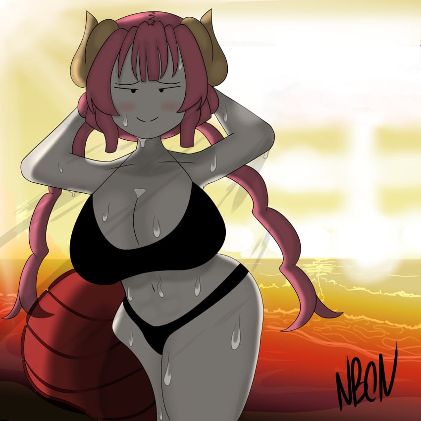 1girls arms_behind_head beach big_ass bikini black_bikini black_string_bikini blush cleavage color colored complex_background destruction dragon_girl dragon_horns dragon_tail eproctophillia explosion fart fart_fetish female_focus female_only fire_fart huge_breasts hyper_fart ilulu ilulu_(dragon_maid) ilulu_(maidragon) imminent_fart long_tail long_twintails looking_at_viewer miss_kobayashi's_dragon_maid nuclear_explosion ocean one_eye_closed red_eyes red_hair short_hair shortstack signature simple_eyes simple_face smile smiling sun sweat sweating thick_thighs thighs two_piece_swimsuit unusual_fart