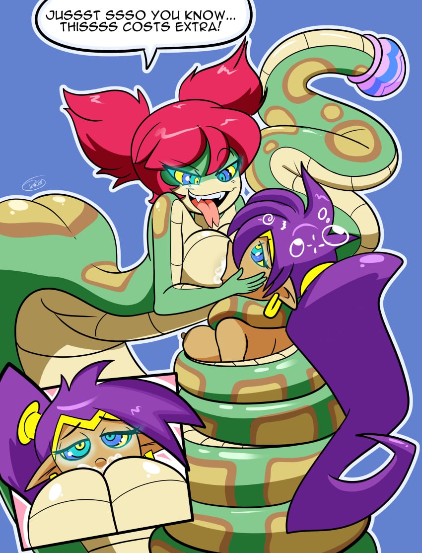 2girls arabian breastfeeding breasts_bigger_than_head coiled coiling coils dark-skinned_female dark_skin english_text female female_only hypnosis hypnotized_sex kaa_eyes lamia lezdom lezsub mind_control multiple_girls naga penken shantae shantae_(character) snake snake_girl text tuki_(shantae) yuri