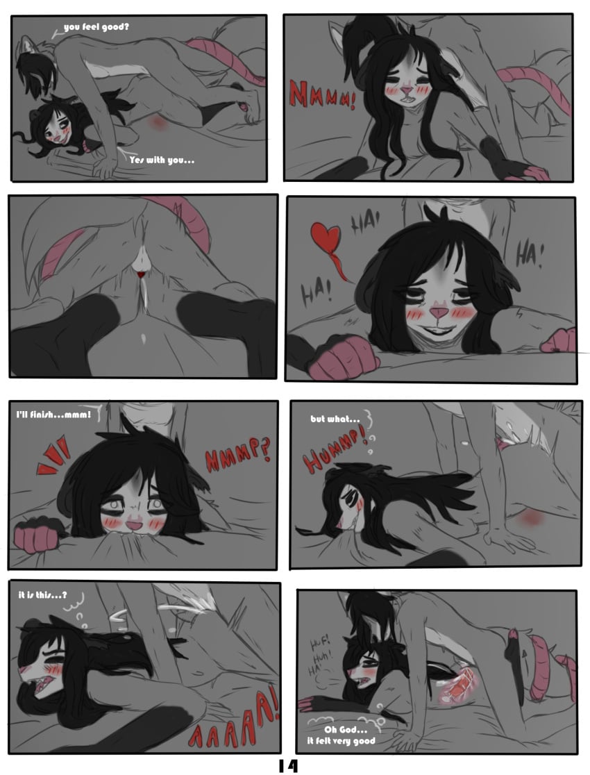 american_opossum anthro anthro_on_anthro anthro_penetrated anthro_penetrating anthro_penetrating_anthro bed black_body black_eyes black_fur black_hair black_nose blood blush bodily_fluids breasts canid canine canis closed_eyes comic convenient_censorship cum defloration dialogue digital_media_(artwork) doggy_style duo english_text erection female female_penetrated from_behind_position fur furniture furry_only genital_fluids genitals grey_body grey_fur hair hair_covering_breasts hi_res humanoid_genitalia humanoid_penis interspecies kia_(spikethefurry) male male/female male_penetrating male_penetrating_female mammal marsupial monochrome nipples nude on_bed open_mouth page_14 page_number pain penetration penis pink_nipples pink_nose pussy red_penis requesting screaming sex sex_request shocked solo spike_(spikethefurry) spike_the_furry tail text vaginal_penetration virgin virginal_blood virginia_opossum white_body white_fur wolf