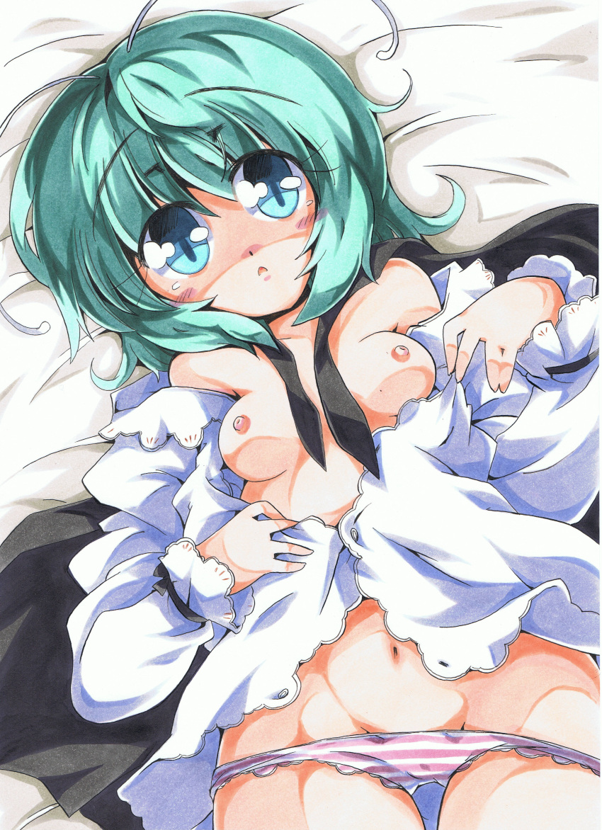 1girls antenna antennae bare_shoulders blue_eyes bottomless breasts cape female green_hair high_resolution lying marker_(medium) milkpanda nipples no_pants open_clothes open_shirt panties shirt solo striped striped_panties touhou traditional_media underwear wriggle_nightbug