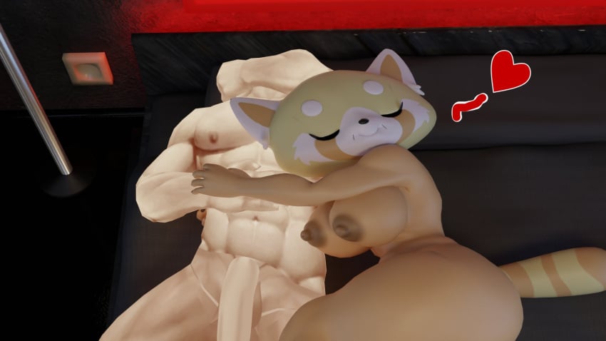 3d after_sex aggressive_retsuko aggretsuko ailurid anthro duo female heart_symbol hi_res human human_on_anthro interspecies male mammal muscular muscular_human muscular_male nude red_panda resting_on_partner retsuko's_mother s1m0n sanrio