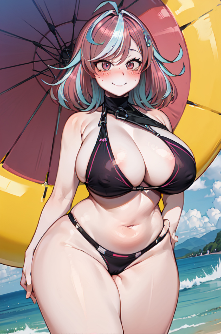 ai_generated blush emikukis huge_breasts multicolored_hair ricochetk smile sweat umbrella virtual_youtuber vtuber wide_hips