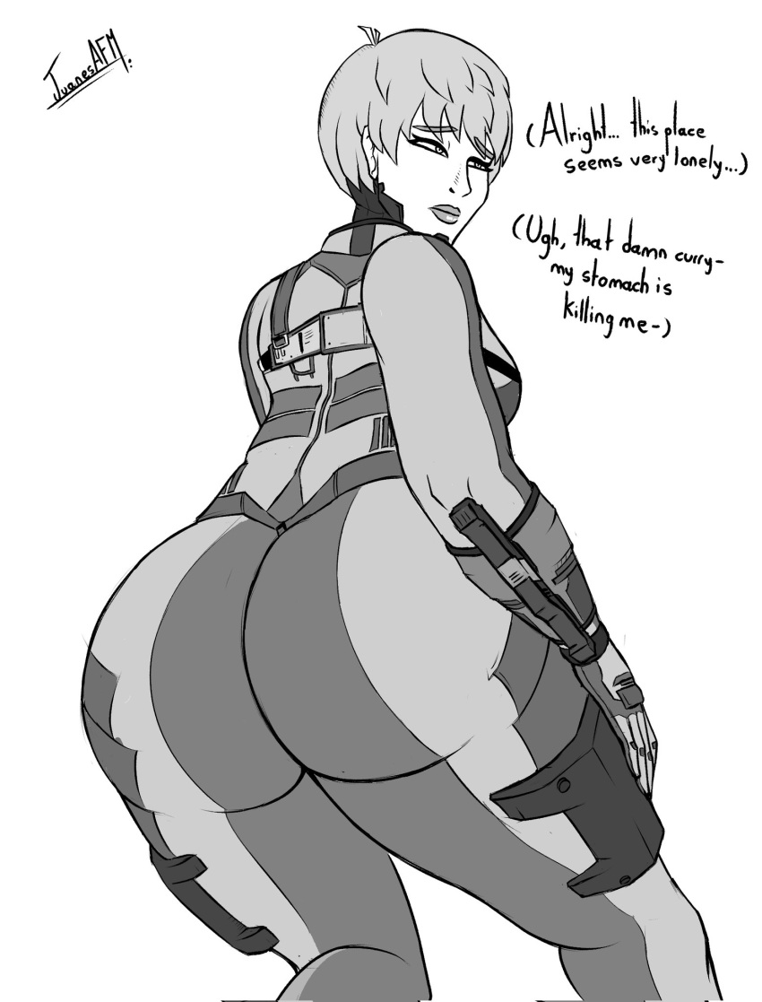 apex_legends artist_logo ass_focus big_ass fully_clothed greyscale imminent_fart imminent_scat juanesafm_(artist) pov short_hair_female tagme text thick_thighs tight_clothing upset_stomach valkyrie_(apex_legends) white_background