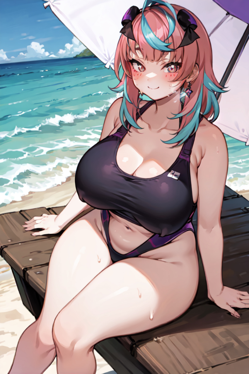 ai_generated beach blush emikukis huge_breasts jewelry multicolored_hair ricochetk smile sweat swimsuit virtual_youtuber vtuber wide_hips