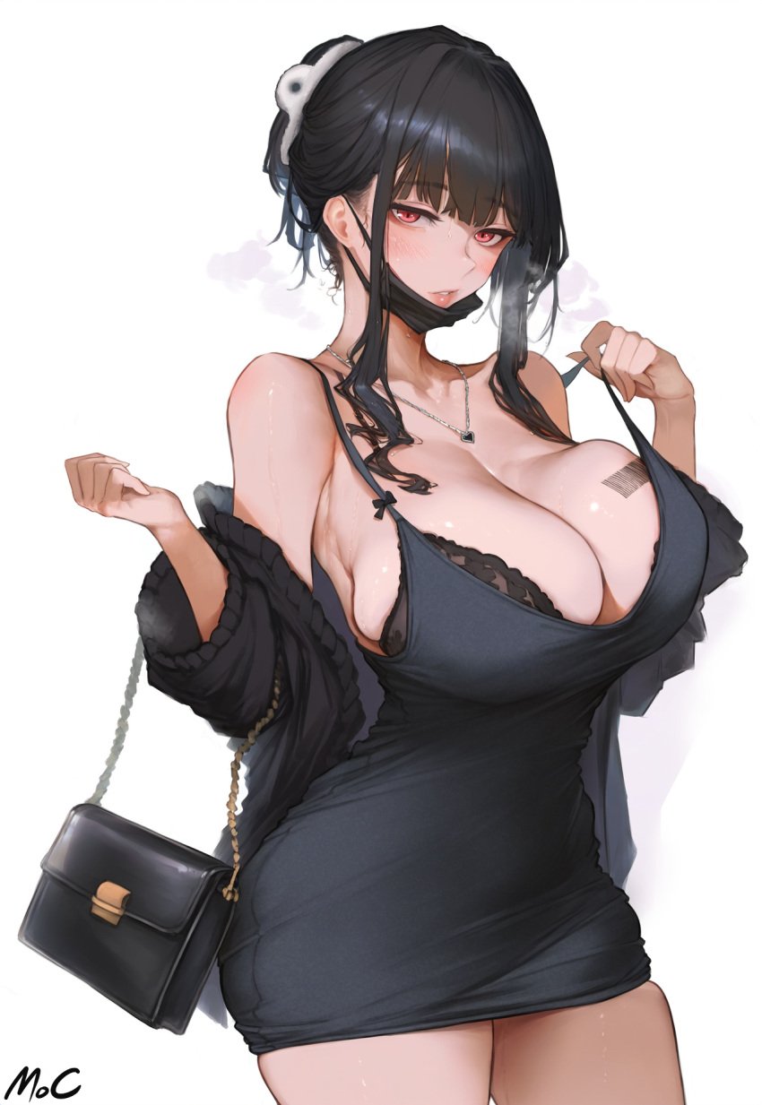 1girls ai_generated black_hair breast_tattoo breasts d_(killer_wife)_(nikke) d_(nikke) dress female goddess_of_victory:_nikke high_resolution huge_breasts light-skinned_female light_skin long_hair looking_at_viewer mocase naughty_face purse red_eyes simple_background stable_diffusion thick_thighs