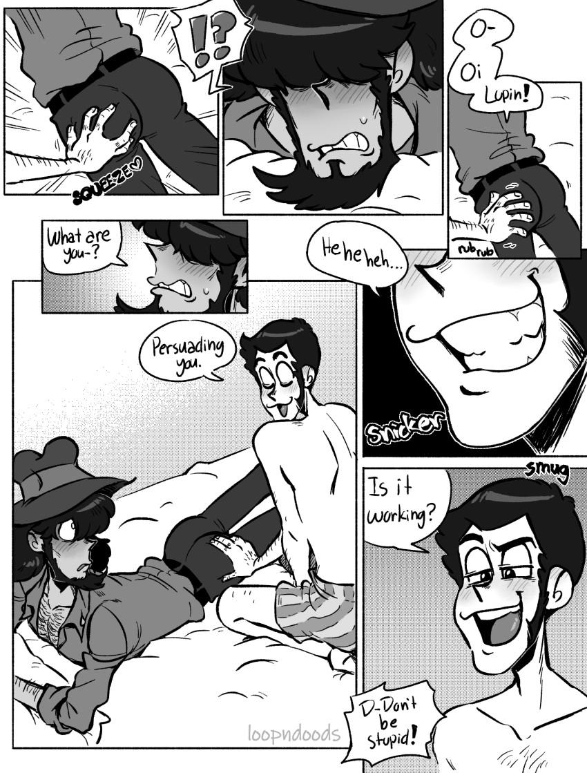 2boys arsene_lupin_iii bara beard blush clothing comic daisuke_jigen dialogue english_text gay loopndoods lupin_iii male male/male male_only muscular_male text underwear yaoi