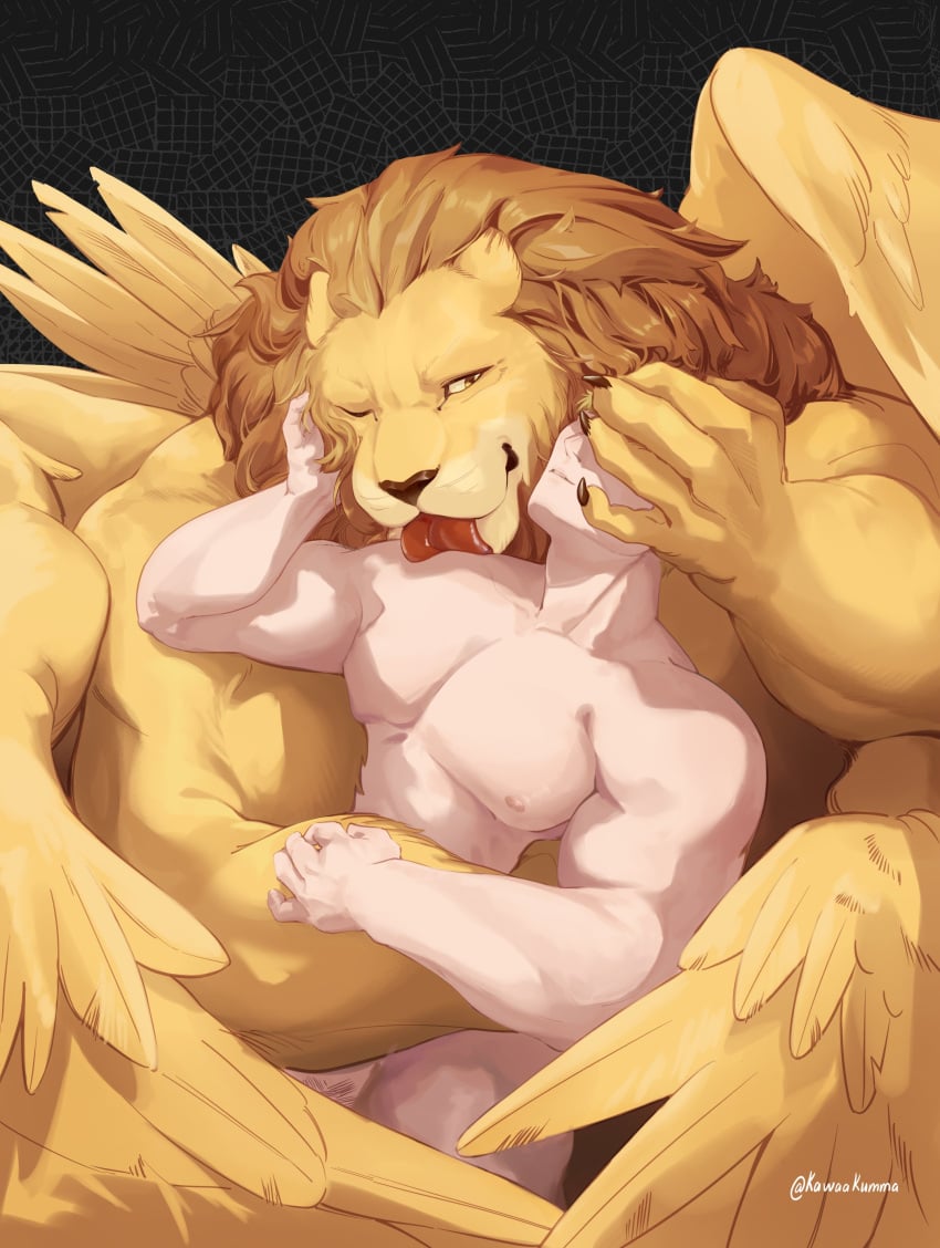 abs absurd_res anthro big_dom_small_sub big_muscles big_pecs brown_mane convenient_censorship delicious_in_dungeon dominant dominant_anthro dominant_male dungeon_meshi duo felid fur gay hi_res holding_partner hug human human_on_anthro interspecies kawaakumma laios_touden larger_anthro larger_male licking lion male male/male male_only mammal mane multiple_boys muscular muscular_anthro muscular_human muscular_male nipples nude pantherine pecs shoulder_lick signature size_difference smaller_human smaller_male submissive submissive_human submissive_male tongue winged_lion_(dungeon_meshi) wings yaoi yellow_body yellow_fur