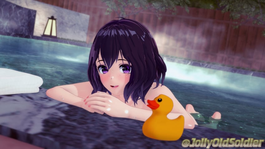 1girls 3d bare_arms bare_shoulders bent_over completely_nude female female_only fire_emblem fire_emblem_awakening jollyoldsoldier looking_at_viewer morgan_(fire_emblem) morgan_(fire_emblem)_(female) nintendo nude nude_female onsen open_mouth outdoors purple_eyes purple_hair short_hair shoulders smile solo