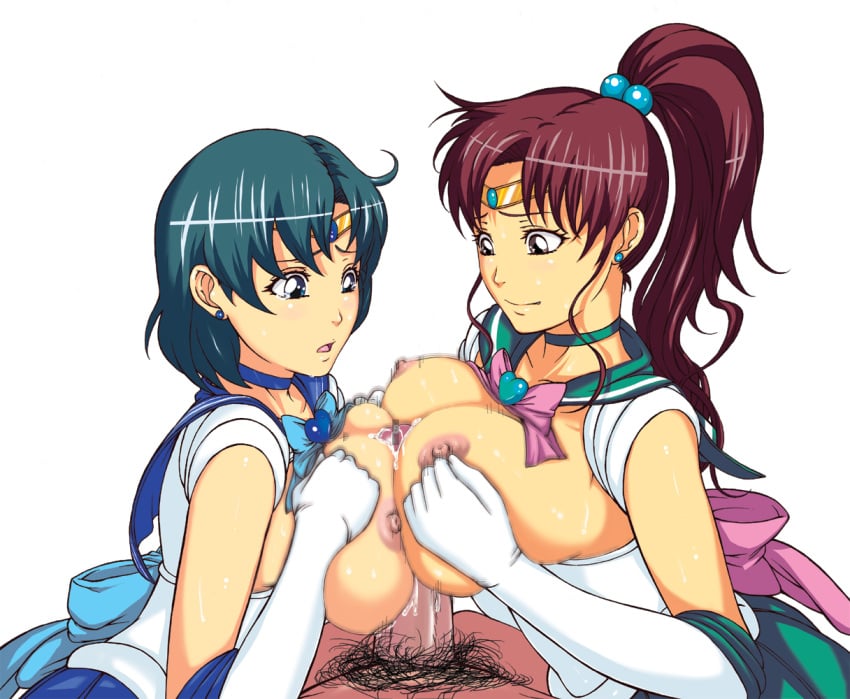 1990s_(style) 1boy 2girls akisu_karasu ami_mizuno bad_id bad_pixiv_id bar_censor bishoujo_senshi_sailor_moon blue_hair blue_sailor_collar bow breast_press breasts brown_hair censored choker clothed_female_nude_male clothing cooperative_paizuri cum double_paizuri earrings elbow_gloves erection female gloves green_skirt hair_bobbles hair_ornament high_ponytail huge_breasts human inner_senshi jewelry karasu_(pixiv) kino_makoto large_breasts magical_girl makoto_kino male male_pov male_pubic_hair mizuno_ami motion_blur multiple_girls multiple_paizuri nipples outercourse paizuri partial_male penis pink_bow ponytail pov pubic_hair ribbon sailor_collar sailor_jupiter sailor_mercury short_hair skirt straight teamwork tears threesome tiara tied_hair white_gloves