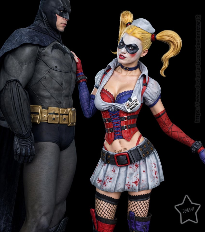 1boy 1girls 3d 3d_(artwork) artist_logo batman batman:_arkham_asylum batman_(series) big_breasts blonde_hair corset curvaceous curvy curvy_figure dc dc_comics deviantstar12 domino_mask female fishnet_stockings harley_quinn hero hourglass_figure legs light-skinned_female light-skinned_male light_skin male miniskirt pigtails skirt slim_waist straight superhero villain villainess