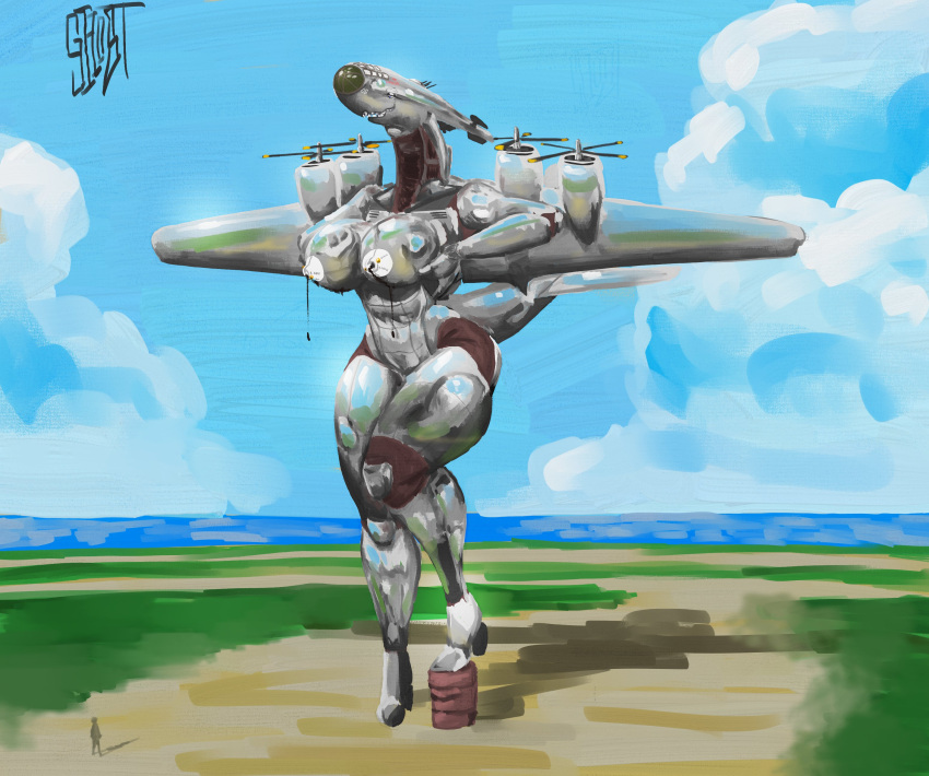 1girls aeromorph aircraft b-29 big_breasts gh0stworx holding_breast larger_male leaking living_aircraft living_machine painted presenting propeller thick_thighs wings