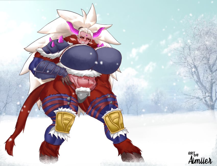 1girls abs aimiierdraws body_fur clothed clothing female glowing horns hyper_breasts monster_girl muscular_female original_character partially_clothed praxxys_dangar red_body red_fur red_skin snow thick_thighs white_hair