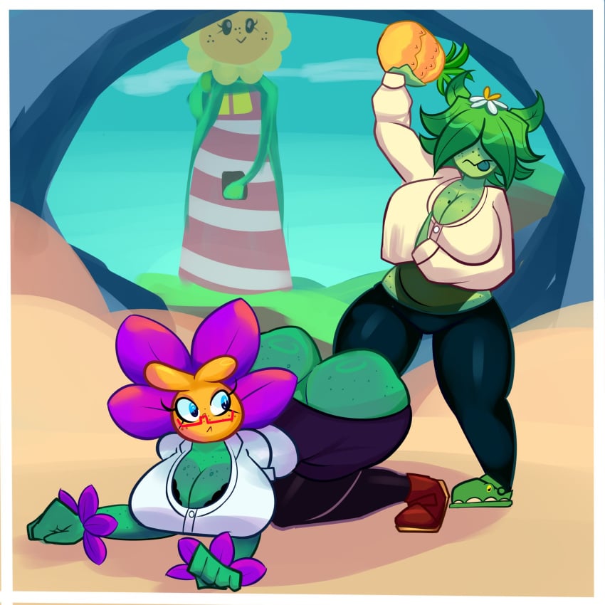 ass ass_up beach bent_over blue_eyes clothed eyes_covered female_only flower freckles glasses hair_over_eyes imminent_penetration leanne_(mckeyes) lily_(mckeyes) mckeyes mega_sunflower_(pvz) plant plant_girl plantie plants_vs_zombies plants_vs_zombies_2:_it's_about_time pvz shrinking_violet shrinking_violet_(pvz) sunflower sunflower_(pvz) tongue tongue_out umbrella_leaf_(pvz)