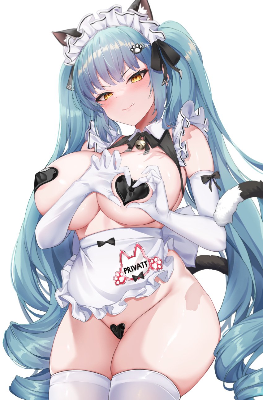 angry apron areola_slip biting_own_lip blush detached_collar elbow_gloves embarrassed female gloves goddess_of_victory:_nikke heart heart_gesture heart_pasties heart_sign huge_breasts huge_thighs legwear long_gloves maebari no_panties pasties privaty_(nikke) privaty_(unkind_maid)_(nikke) thick_thighs unamused wide_hips