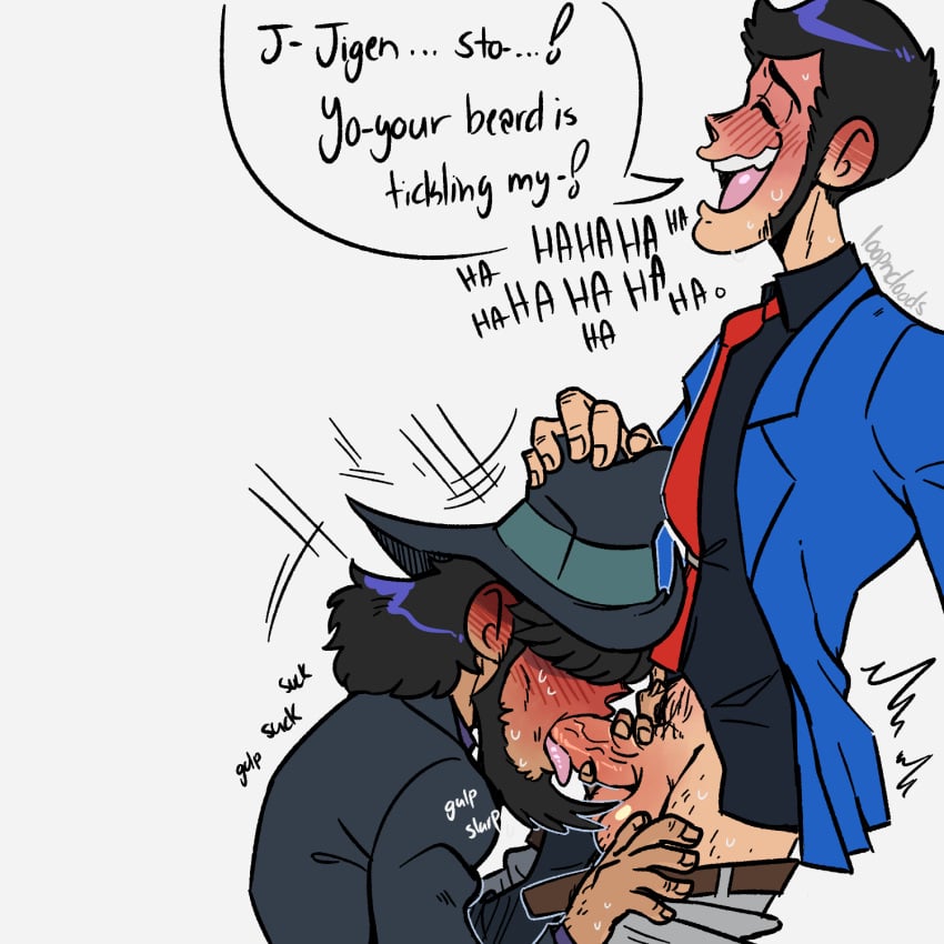 2boys arsene_lupin_iii balls bara beard blowjob blush clothing daisuke_jigen deepthroat erection fellatio gay gay_blowjob jigen_daisuke loopndoods lupin_iii male male/male male_only oral oral_sex penis