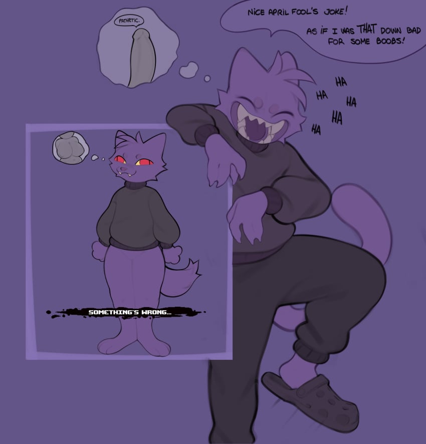 absurd_res anthro biped bottomless clothed clothing derp_eyes dialogue domestic_cat erection felid feline felis female fur genitals group hi_res humor k1ko laugh male mammal meme penis pupils purple_body purple_fur red_eyes reference slit_pupils speech_bubble tail the_binding_of_isaac