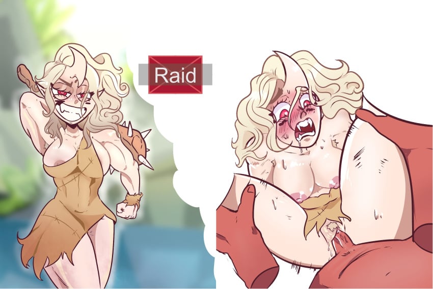 1boy 1girls artist_request big_breasts blonde_hair blush cavewoman cleavage dirty drooling female_focus long_hair muscles muscular rape red_eyes rimworld solo_focus sweat sweatdrop thick_thighs vaginal_penetration wide_hips