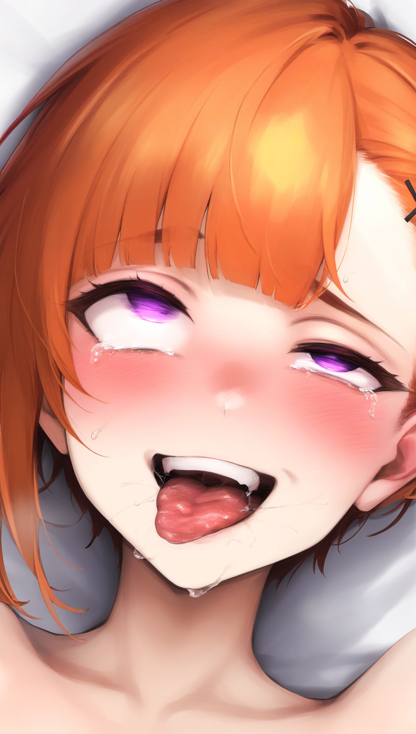 1girls ahe_gao ai_generated asymmetrical_hair bed_sheet blush close-up female_only implied_sex lying lying_on_back lying_on_bed mieruko-chan nude nude_female open_mouth orange_hair orgasm purple_eyes rolling_eyes saliva tongue_out yurikawa_hana