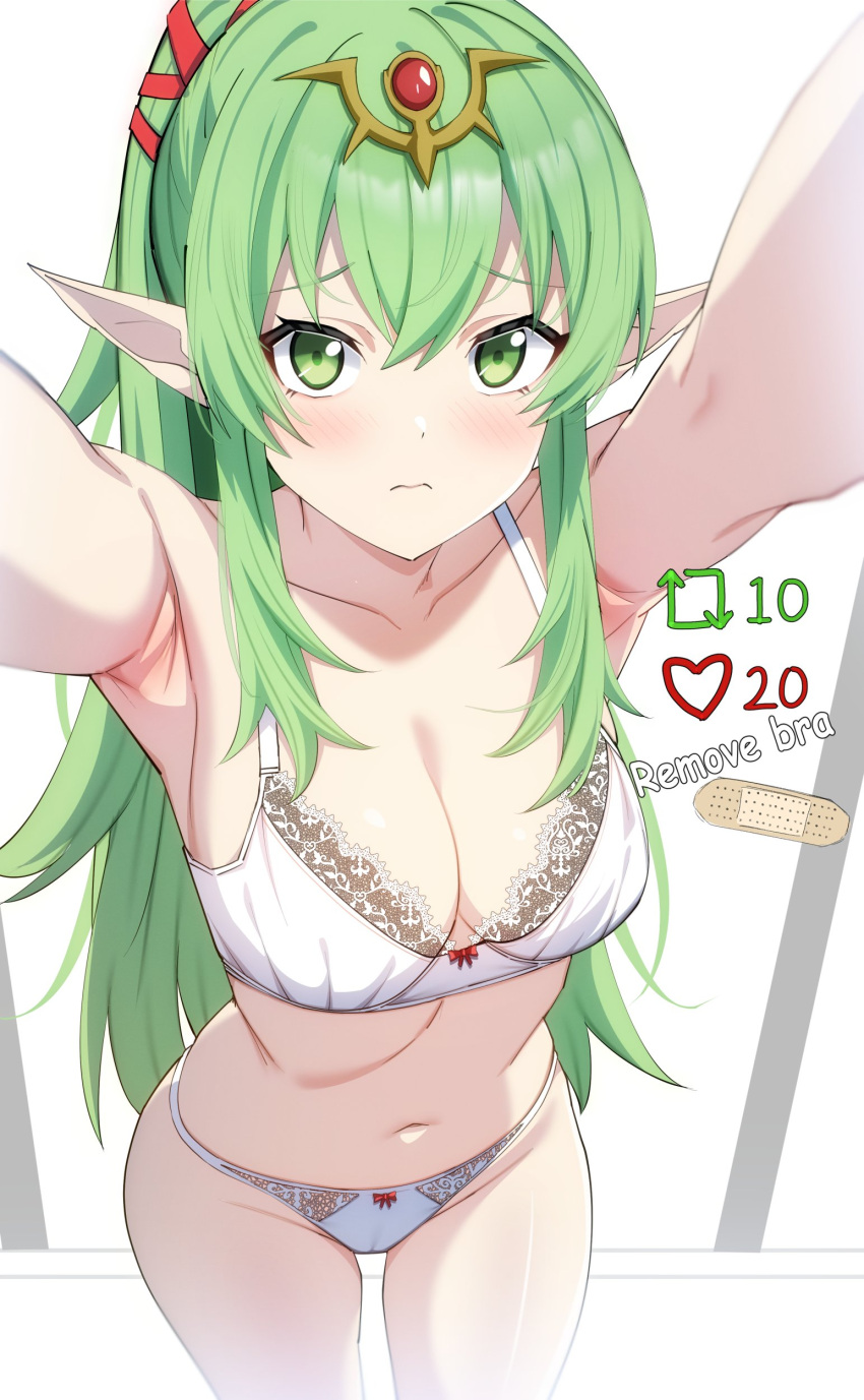 1girls 3: absurdres armpits blush bra breasts cleavage embarrassed entogman female female_only fire_emblem fire_emblem_awakening frown green_eyes green_hair hair_ornament highres lace-trimmed_bra lace_trim large_breasts lingerie long_hair looking_at_viewer meme nintendo panties partially_visible_vulva pointy_ears ponytail reaching_out reaching_towards_viewer solo tiki_(adult)_(fire_emblem) tiki_(fire_emblem) twitter_strip_game_(meme) underwear underwear_only white_bra white_panties