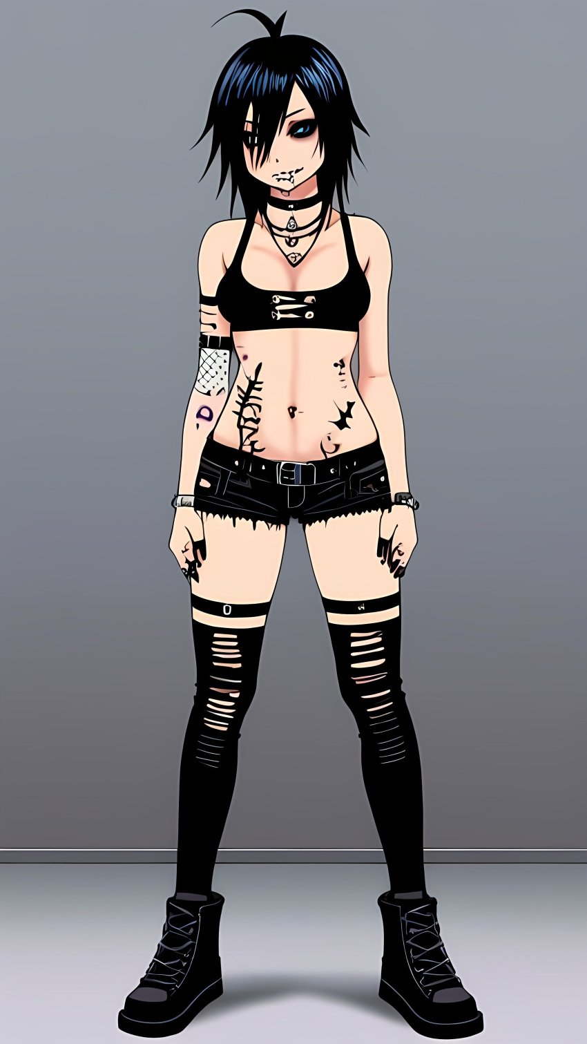 ahoge ai_generated bitting_lip black_hair cleavage crop_top e-girl egirl emo female flat_chest goth legwear petite ripped_clothing ripped_stockings shorts spiked_bracelet tattoo tattoos tetillas_(artist) thigh_choker thighhighs thighs