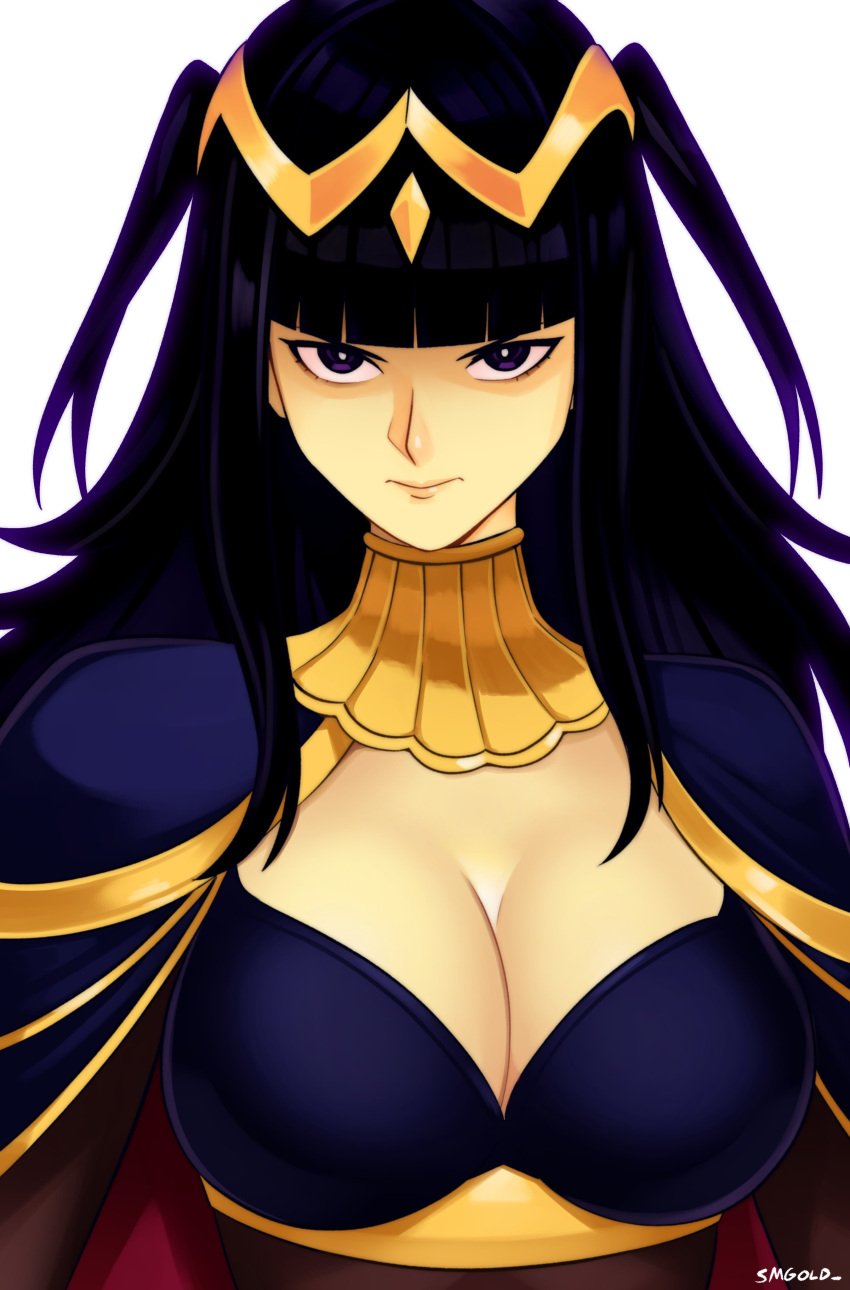 1girls absurdres black_eyes black_hair blunt_bangs bodystocking breasts cleavage closed_mouth female fire_emblem fire_emblem_awakening highres large_breasts long_hair looking_at_viewer simple_background smgold solo tharja_(fire_emblem) upper_body white_background