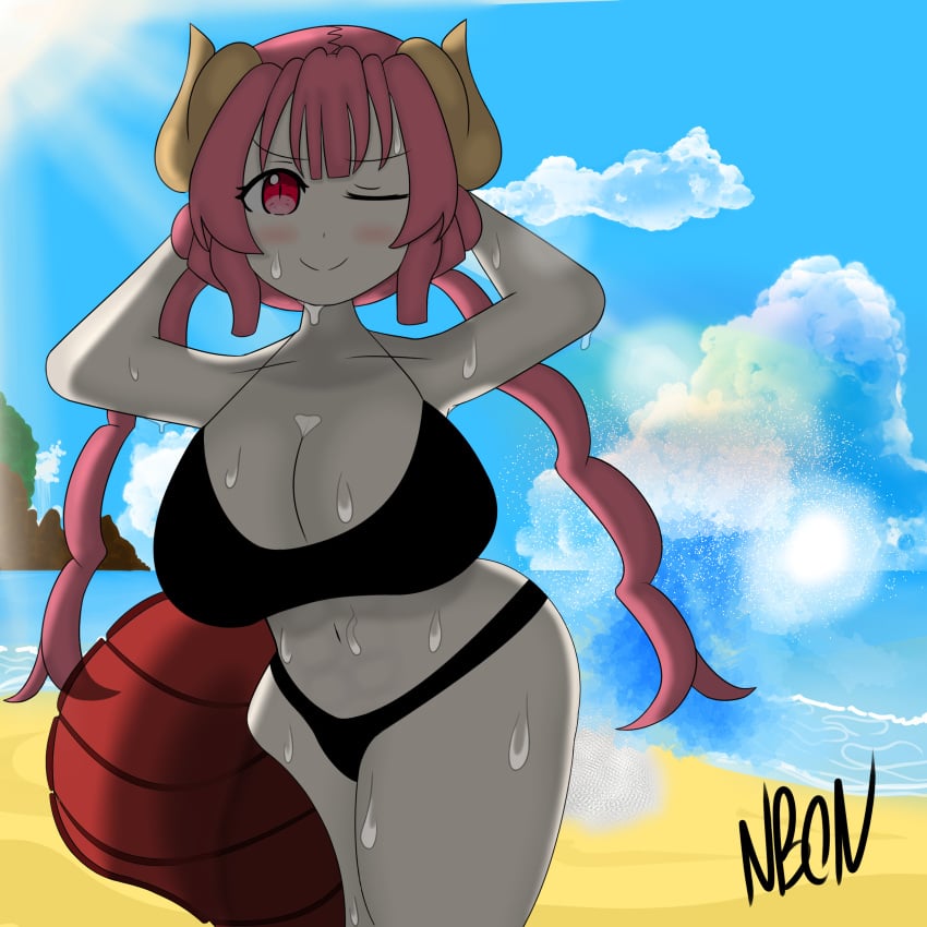 1girls arms_behind_head beach big_ass bikini black_bikini black_string_bikini blue_sky blush cleavage cloud clouds color colored complex_background dragon_girl dragon_horns dragon_tail eproctophillia fart fart_fetish female female_focus female_only huge_breasts hyper_fart ilulu ilulu_(dragon_maid) ilulu_(maidragon) imminent_fart long_tail long_twintails looking_at_viewer miss_kobayashi's_dragon_maid ocean one_eye_closed red_eyes red_hair short_hair shortstack signature smile smiling sun sweat sweating thick_thighs thighs two_piece_swimsuit unusual_fart waves