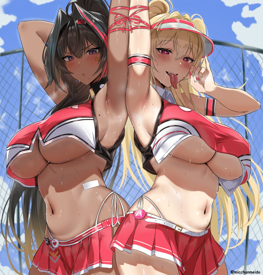 2girls bay_(nikke) blonde_hair blush brown_skin cheerleader cheerleader_uniform chocolate_and_vanilla clay_(nikke) dark-skinned_female dark_hair dark_skin female female_only goddess_of_victory:_nikke huge_breasts light-skinned_female light_skin long_hair looking_at_viewer micchan_(micchanmeido) midriff navel purple_eyes red_eyes tongue tongue_out top_heavy underboob visor_cap