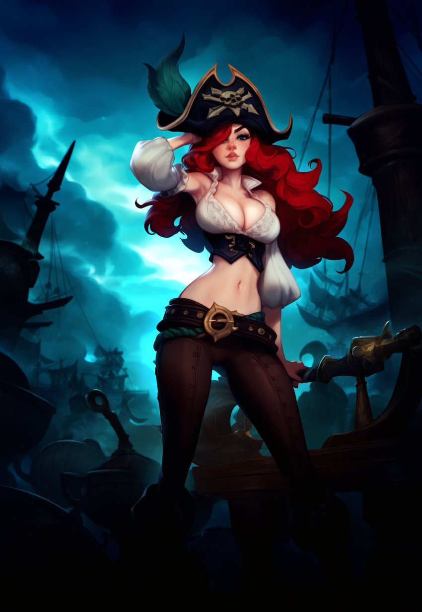 ai_generated cleavage female league_of_legends miss_fortune pumpkinseed red_hair tight_clothing