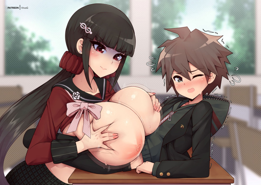 2024 big_breasts boobjob boobs breasts brown_eyes brown_hair danganronpa danganronpa:_trigger_happy_havoc danganronpa_v3 engulfing_paizuri female harukawa_maki long_hair male naegi_makoto nipples one_eye_closed paizuri red_eyes tied_hair titfuck tits virus-g