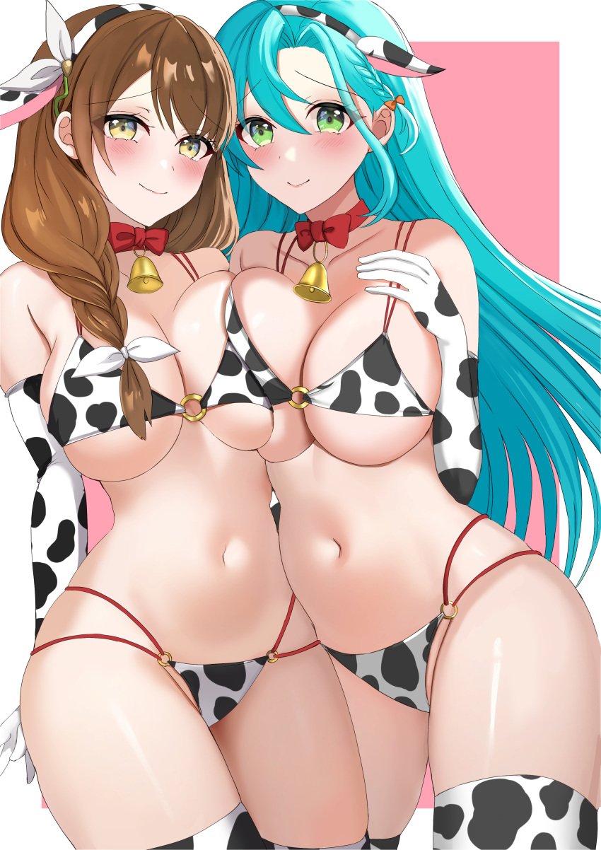 2girls absurdres animal_print aqua_hair asymmetrical_docking bikini bow braid breast_press breasts brown_hair chloe_(fire_emblem) cleavage cow_print cow_print_bikini elbow_gloves female female_only fire_emblem fire_emblem_engage gloves goldmary_(fire_emblem) green_eyes hair_over_shoulder hand_on_own_chest highres large_breasts multiple_girls nintendo orange_bow pink_background print_bikini red_bow side_braid sideboob simple_background smile swimsuit tara_(szzj7733) thighhighs underboob yellow_eyes