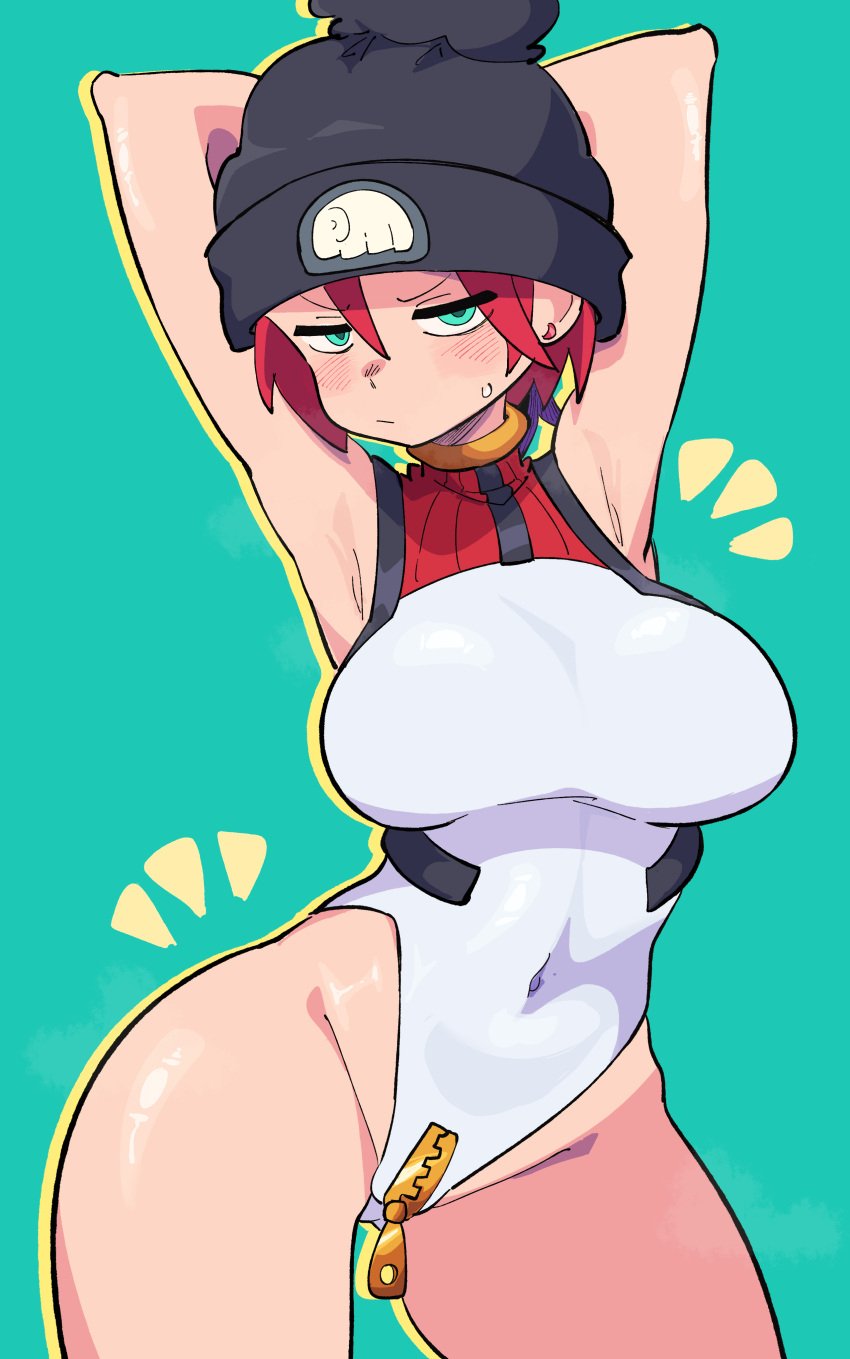 amate_yuzuriha armpits arms_behind_head beanie buzzlyears contrapposto gundam_gquuuuuux large_breasts one-piece_swimsuit sweatdrop thick_thighs unamused wide_hips zipper