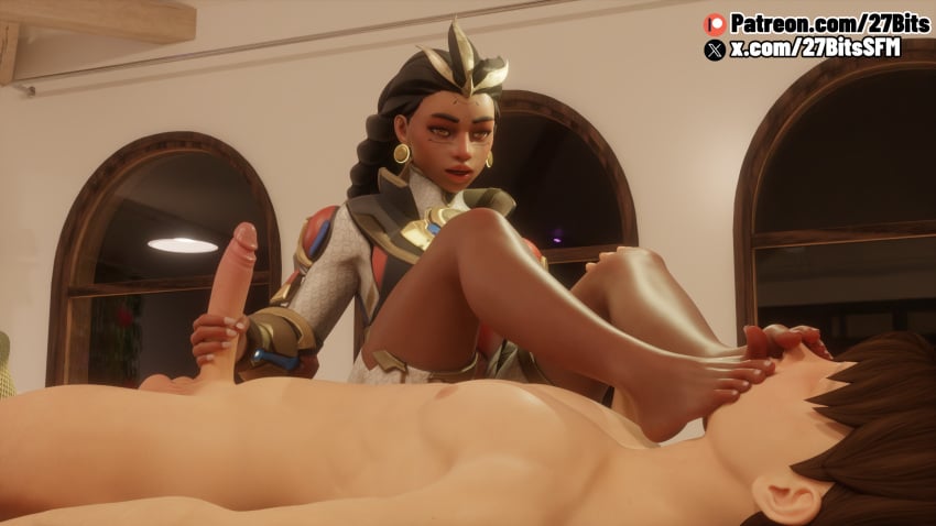 27bits 3d anon anonymous_male black_hair brown_skin erect_penis erection feet feet_on_face feet_on_face_handjob female foot_fetish foot_focus foot_smelling foot_worship handjob_with_feet_on_face illari_(overwatch) illari_quispe_ruiz male male/female nude nude_male overwatch overwatch_2 penis soles toes