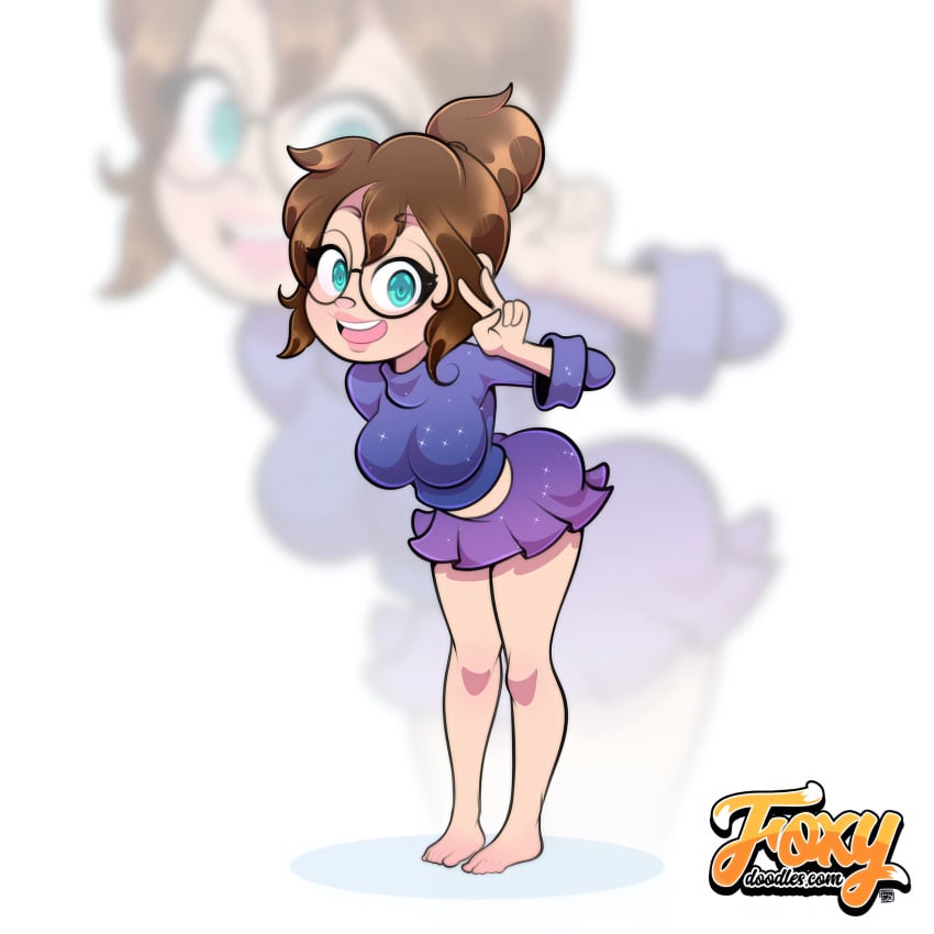 1girl 1girls 2022 2022s alvin_and_the_chipmunks anthro anthro_female anthrofied artist_logo artist_name ass big_breasts black_eyewear black_glasses blue_clothing blue_eyes blue_eyes_female blue_sweater blue_topwear breasts brown_hair brown_hair_female bubble_ass bubble_butt butt chipettes chipmunk chipmunk_girl clothed clothed_anthro clothed_female clothing eyewear female female_anthro female_focus female_only foxnbox gesture glasses ground_squirrel hair hand_gesture hi_res humanized jeanette_miller looking_at_viewer mammal open_eyes open_mouth open_smile pleated_skirt ponytail purple_skirt rodent round_glasses sciurid simple_background skirt standing sweater teeth tongue topwear v v_sign white_background