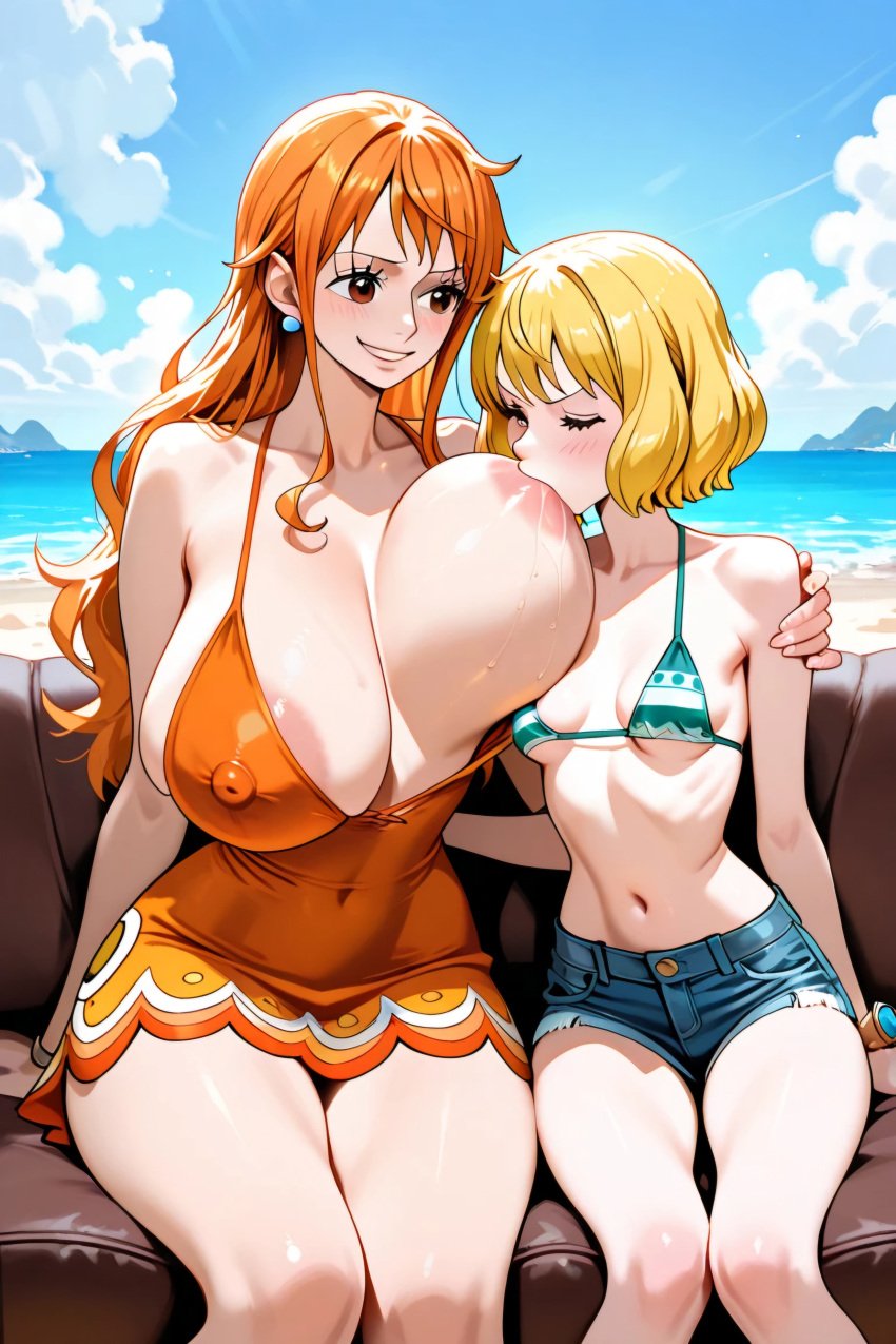 2025 2girls 2women ai_assisted ai_generated beach breast_bigger_than_head breast_grab breast_size_difference breast_sucking breastfeeding carrot_(one_piece) curvy_female erect_nipples holding_breast huge_breasts humanized large_breasts le_style_anon lesbian_focus lesbian_only lesbian_pleasure looking_pleasured nami_(one_piece) one_breast_out one_piece orange_dress orange_hair pleasure_face short_dress short_hair sitting sitting_on_sofa small_breasts sucking sucking_huge_breast sucking_nipples suckling sunlight thick_thighs two_young_womens voluptuous_female woman_sucking_breast young_woman yuri