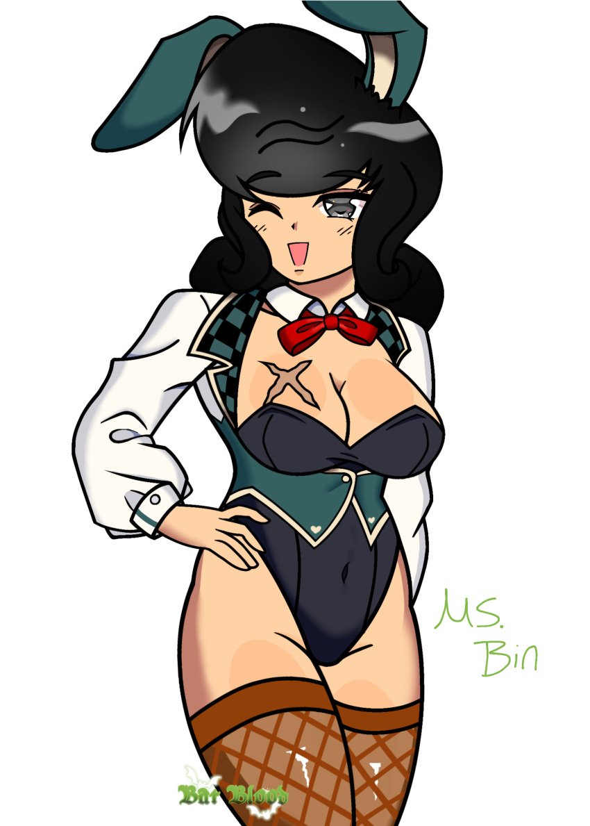 1girls anime_style bat_blood black_hair breasts bunny_girl bunnysuit digital_drawing_(artwork) digital_media_(artwork) female grey_eyes hand_on_hip pretty_blood rule_63 sadny_bin_(pretty_blood) scar scar_on_chest solo_female wink winking_at_viewer