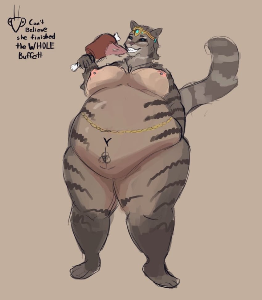 anthro arthropod belly belly_chain bone buffet circlet ear_piercing ear_ring english_text felid female fur gluttony hi_res insects khajiit lkuita_(normalmoniker) mammal mangobrewery mantis microsoft navel nipple_piercing nipples normalmoniker obese overweight piercing pubic_tattoo ring_piercing solo striped_body striped_fur stripes tail text the_elder_scrolls thick_thighs