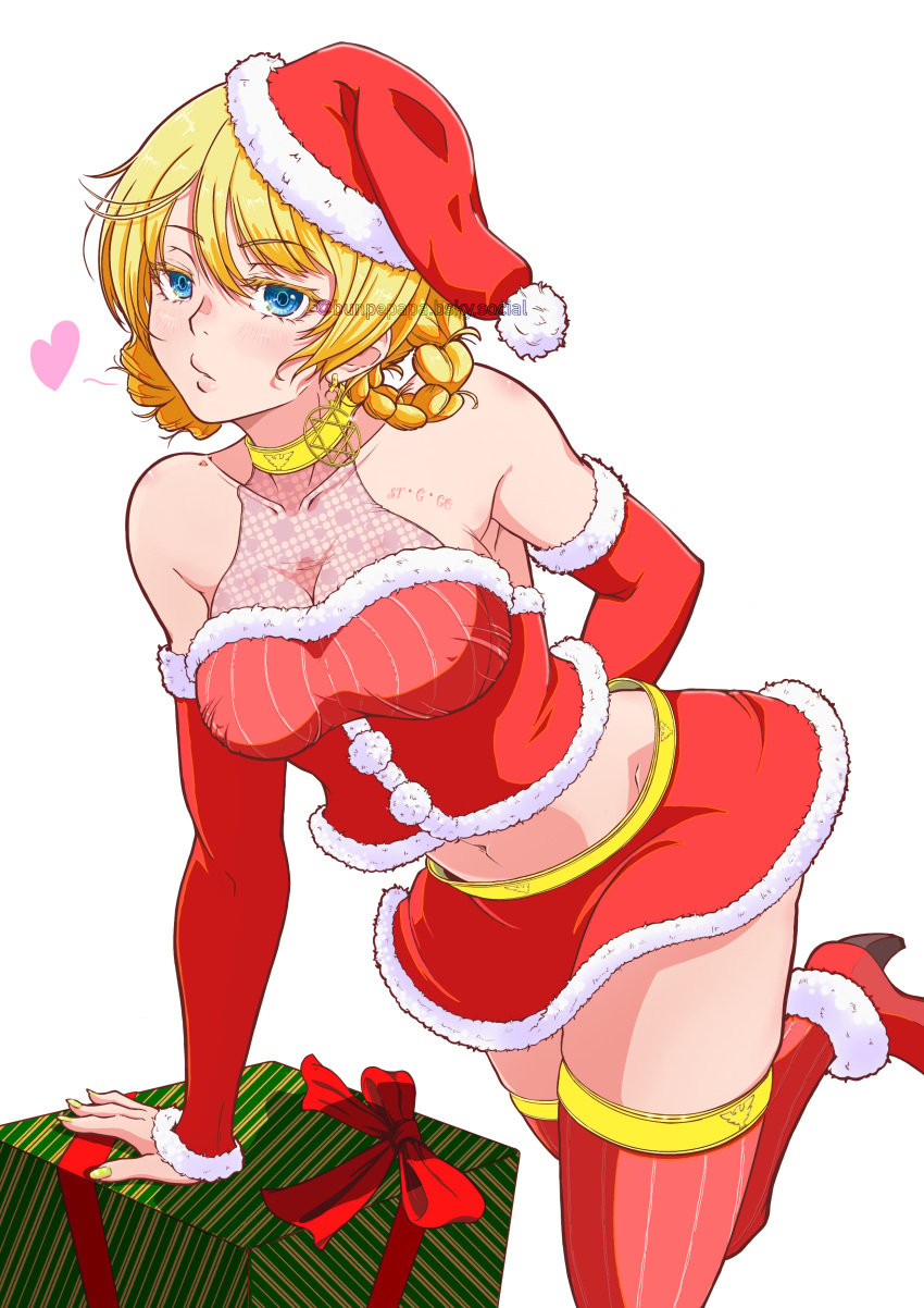 1girls arm_behind_back arm_support big_breasts blonde_hair blowing_kiss blue_eyes box breasts busty christmas cleavage darjeeling female female_only gift gift_box girls_und_panzer hair_bun heart high_heels highres large_breasts leaning_forward legs looking_at_viewer midriff navel pink_lips pose posing puckered_lips santa_costume see-through_clothes sensual skirt solo thighs voluptuous